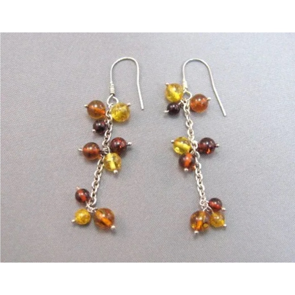Sterling silver amber tri color bead dangle hanging earrings